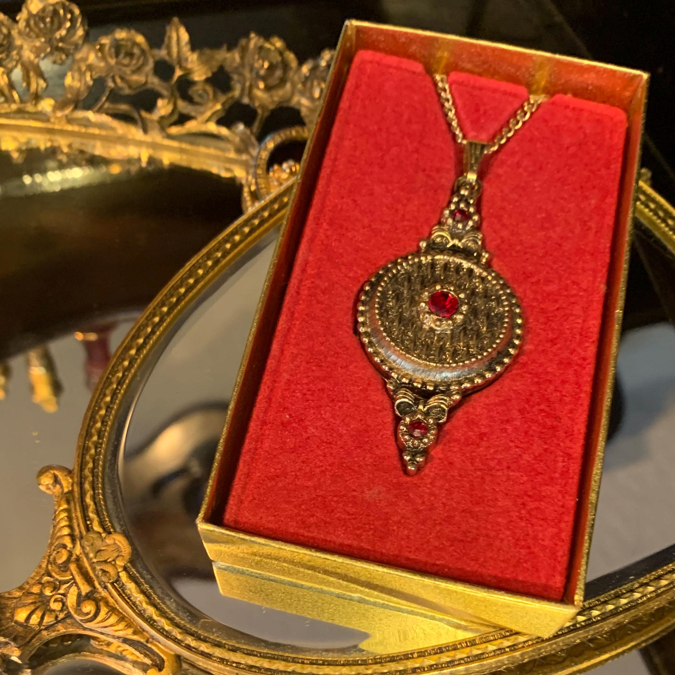 Victorian Perfume Locket Necklace | Ruby Red Crystal Gold Filigree Opera Pendant | Solid Theater Perfume Jewelry | Vintage Style Charm