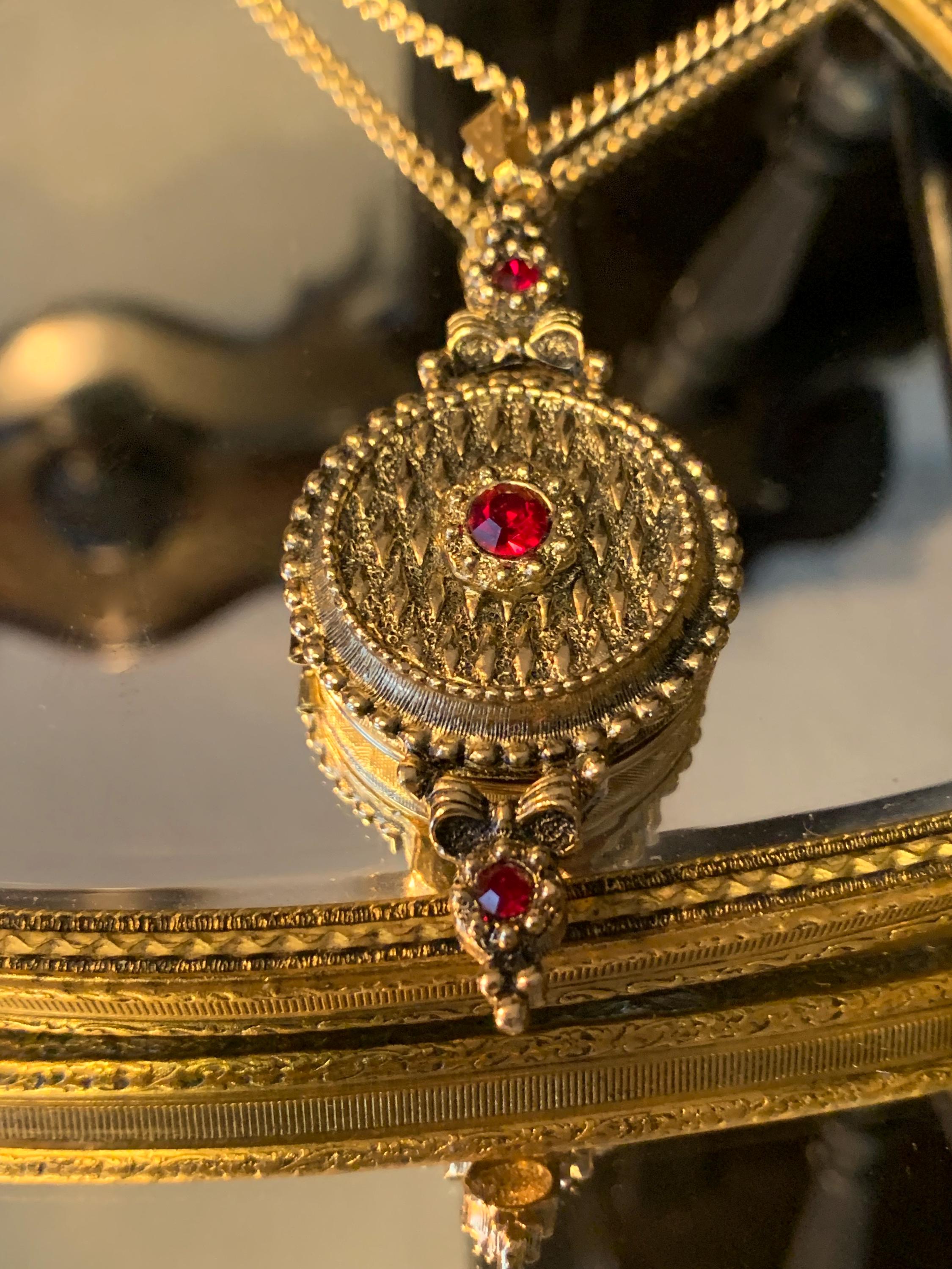 Victorian Perfume Locket Necklace | Ruby Red Crystal Gold Filigree Opera Pendant | Solid Theater Perfume Jewelry | Vintage Style Charm